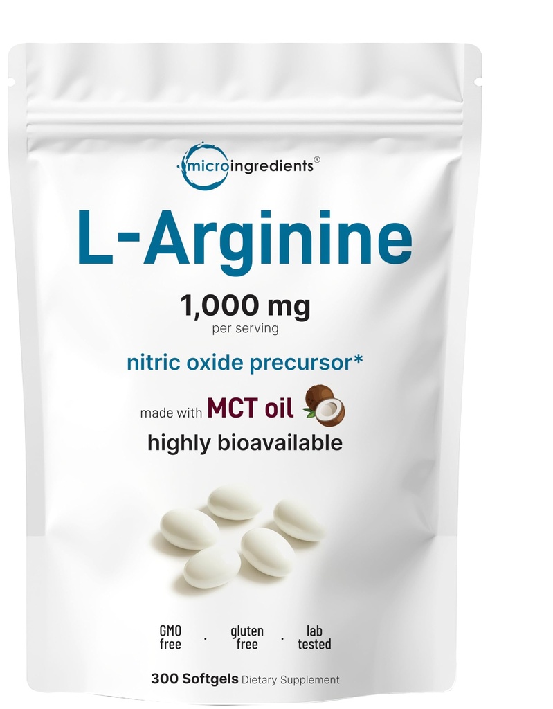 Mikrokoostisosad L-arginiin 1000mg MCT õliga, 300 Softgels | Lämmastikoksiidi prekursor * meestele ja naistele | Aminohappe ekstra tugevus igapäevase heaolu jaoks | Mitte-GMO, Gluteenivaba, Sojata