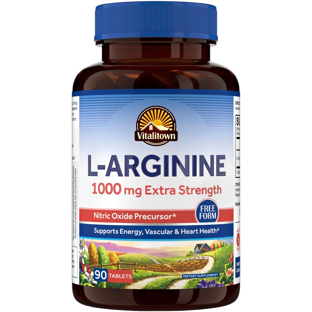 Vitalitown L-arginiin meestele ja naistele, 1000 mg, lämmastikoksiidi lisandid, gluteenivaba, mitte-GMO, vastupidavus, treening, verevoolu toetus, 90 tabletti