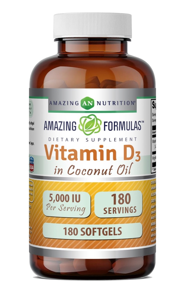 Hämmastavad valemid D3-vitamiini koos kookosõli lisandiga | 5000 IU ühe serveerimise kohta | 180 Softgels | Non-GMO | Gluteenivaba | Valmistatud USA-s