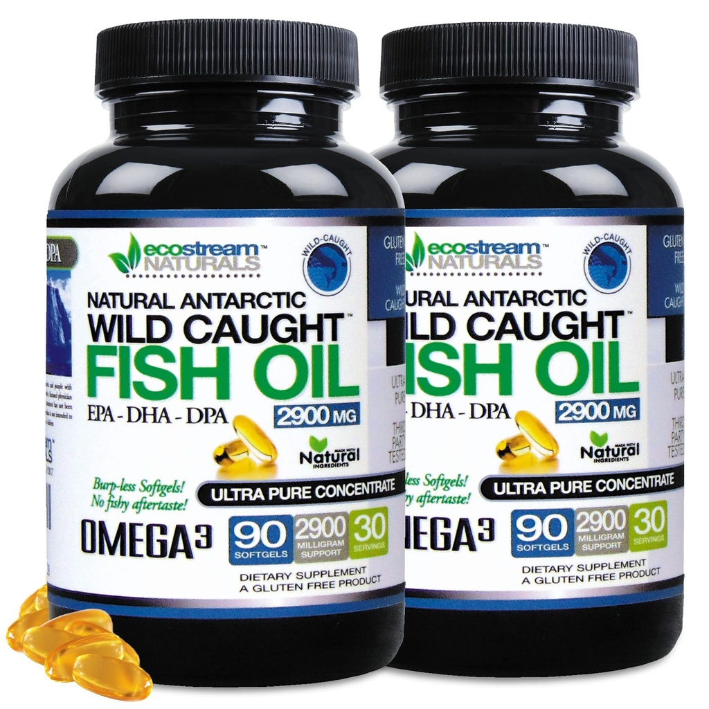 (Pakkumine 2) Looduslik Antarktika Looduslik püütud oomega 3 kalaõli DPA-EPA-DHA lisa 2900 milligrammi Kolmekordne tugevus Ultra puhas kontsentreeritud softGels - ei ole kala maitsmine Burps