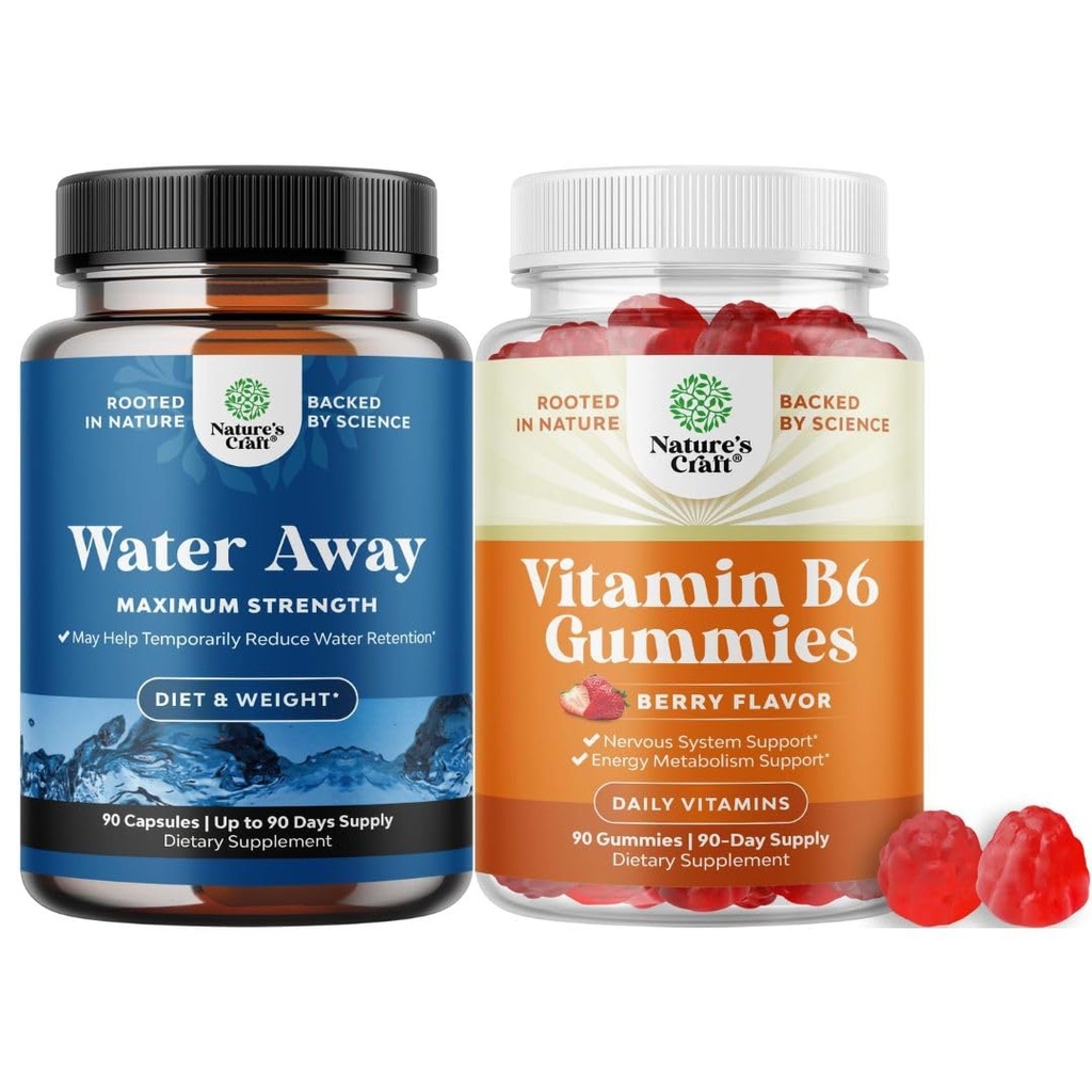 Bundle of Water Away Herbal Diuretic Pills High Strength with Dandelion Leaf Extract & Green Tea for Bloating Relief and Potent Vitamin B6 Gummies - 50mg Per Serving for Immune Nerve & Mood Support