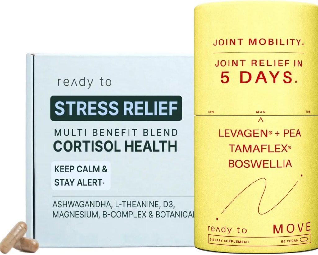 Liigeste ja stressi leevendamise komplekt | Kortisooli tervis ja liigeste liikuvus koos ashwagandha, L-teaniini, magneesiumi, Tamaflex® kurkumi ja hernega | Calm & Joint Supplements Pack