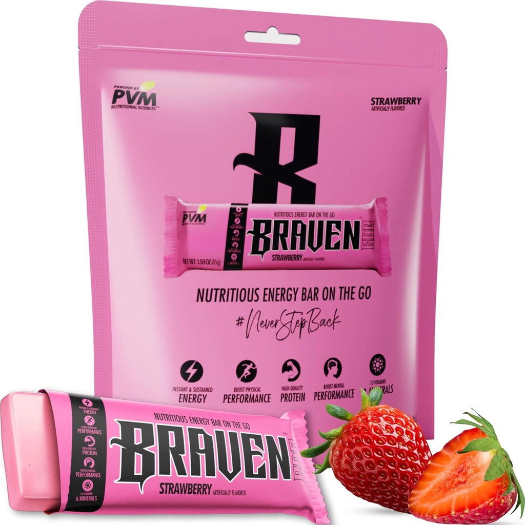 Braven Bar Strawberry Energy Bars (1,59 oz, Pack of 10) - Energy Chews Alternatiivne 5g Valk - On-the-Go Snacks Jooksmiseks, Matkamiseks ja Sport - Gluteenivaba Snacks - Bars Protein