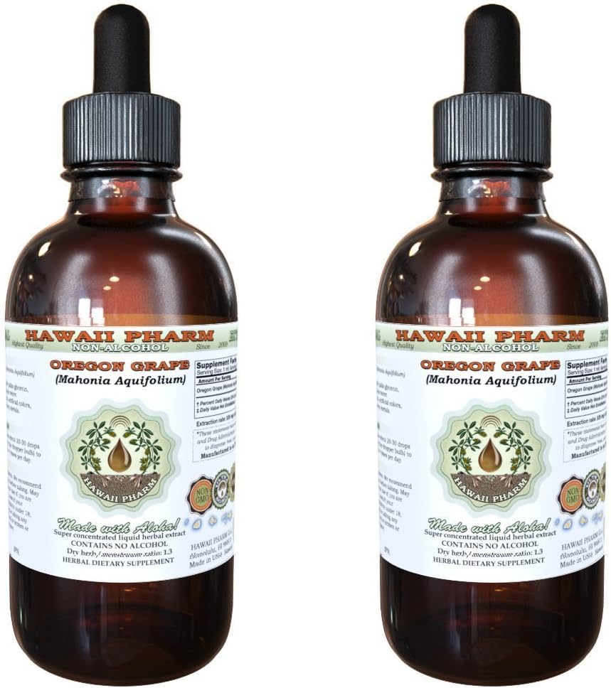 Hawaii Pharm Oregon Viinamarjade Alkoholivaba Vedel Ekstrakt, Oregon Viinamarjade (Mahonia aquifolium) Kuivatatud Juur Glycerite Natural Taimne Täiendus, USA 2x2 fl.oz