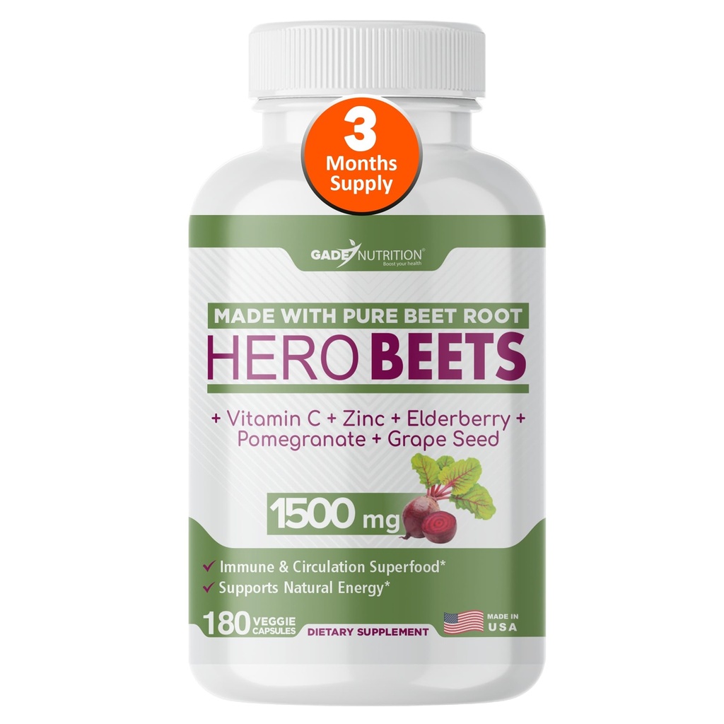 Gade Nutrition Hero Beets - peedi juurikapslid 1500mg - orgaaniline peedi juurepulber + vitamiin C tsink, leedrimarja, granaatõuna, viinamarjaseemne ekstrakt - 3 kuud pakkumine
