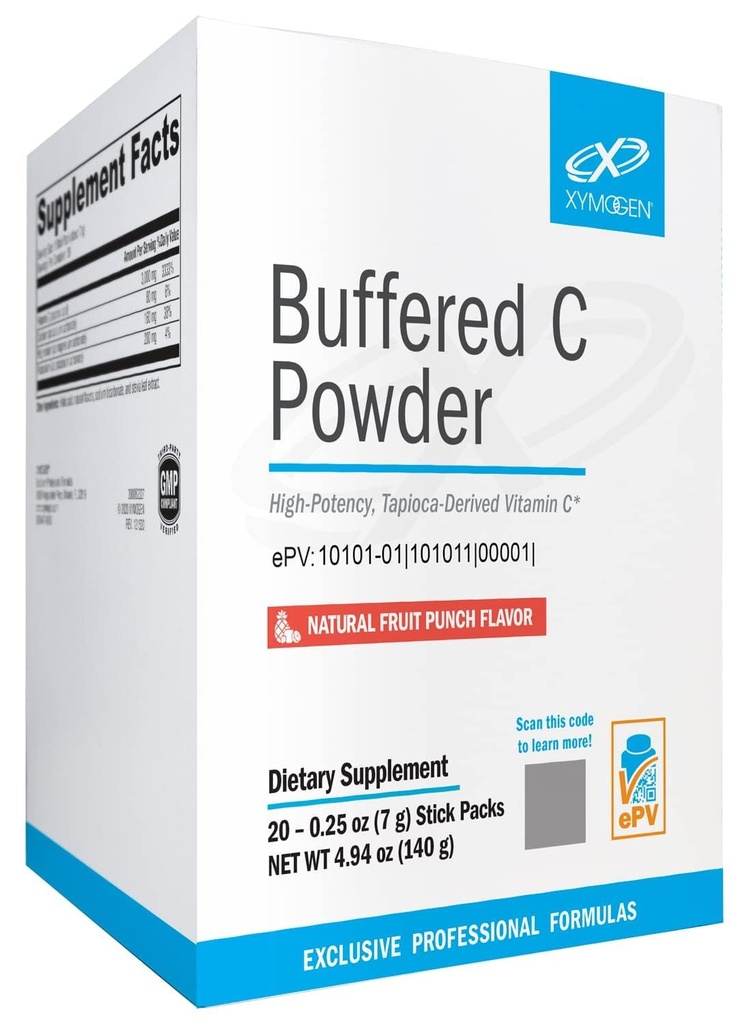 XYMOGEN Buffered C Powder - Vitamin C Supplement for Immune System Support - Gluten-Free & Non-GMO - Fruit Punch Flavor - 20 Stick Packs