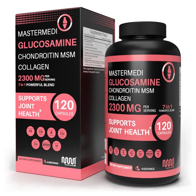 Mastermedi Glükosamiin Kondroitiin MSM kollageeni kapslid - 2300mg liigese tugi valem - kurkumi, boswellia, hüaluroonhappe - mobiilsuse ja paindlikkuse tugi - 120 kapslit, 30-päevane pakkumine