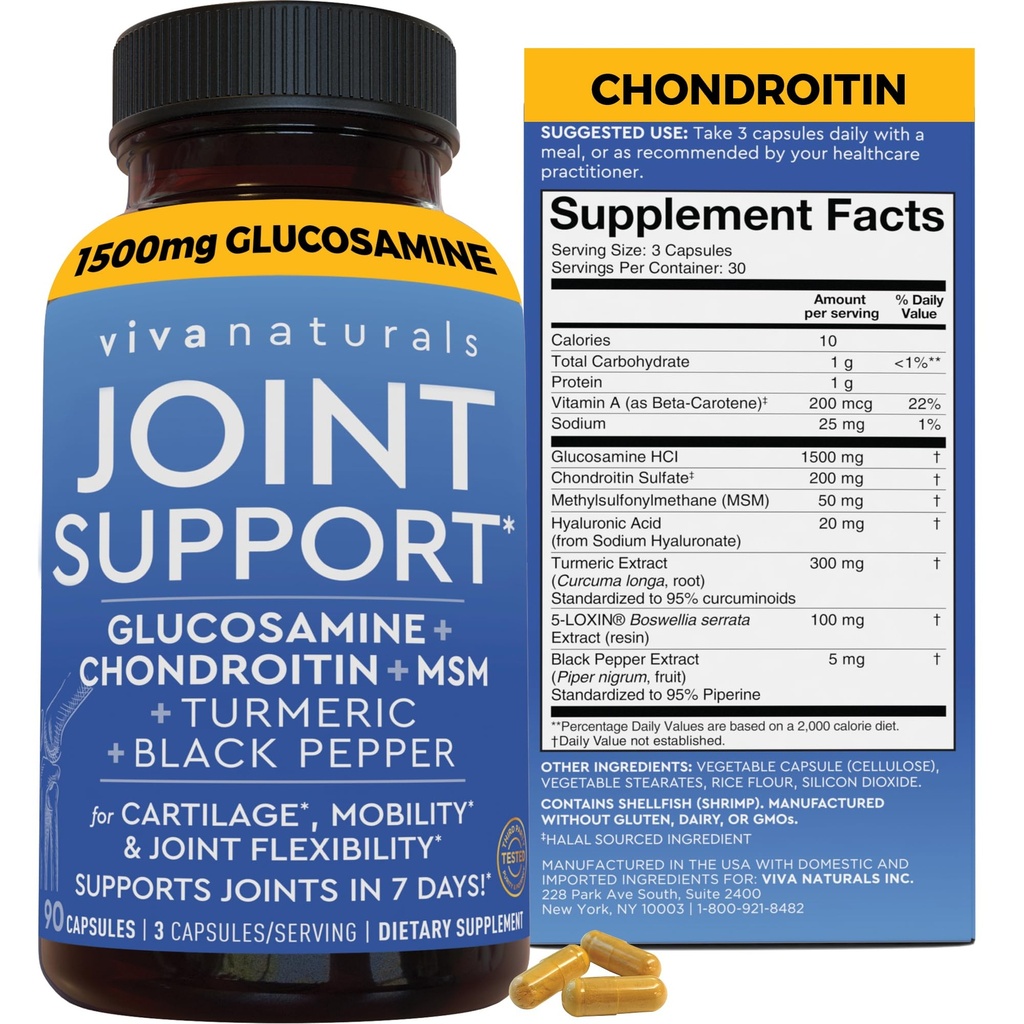 Viva Naturals Glükosamiin Chondroitin MSM ühine tugi täiendada, 90 kapslit - kurkum, must pipar, boswellia ja hüaluroonhape - ühine tervise täiendada liikuvuse ja paindlikkuse