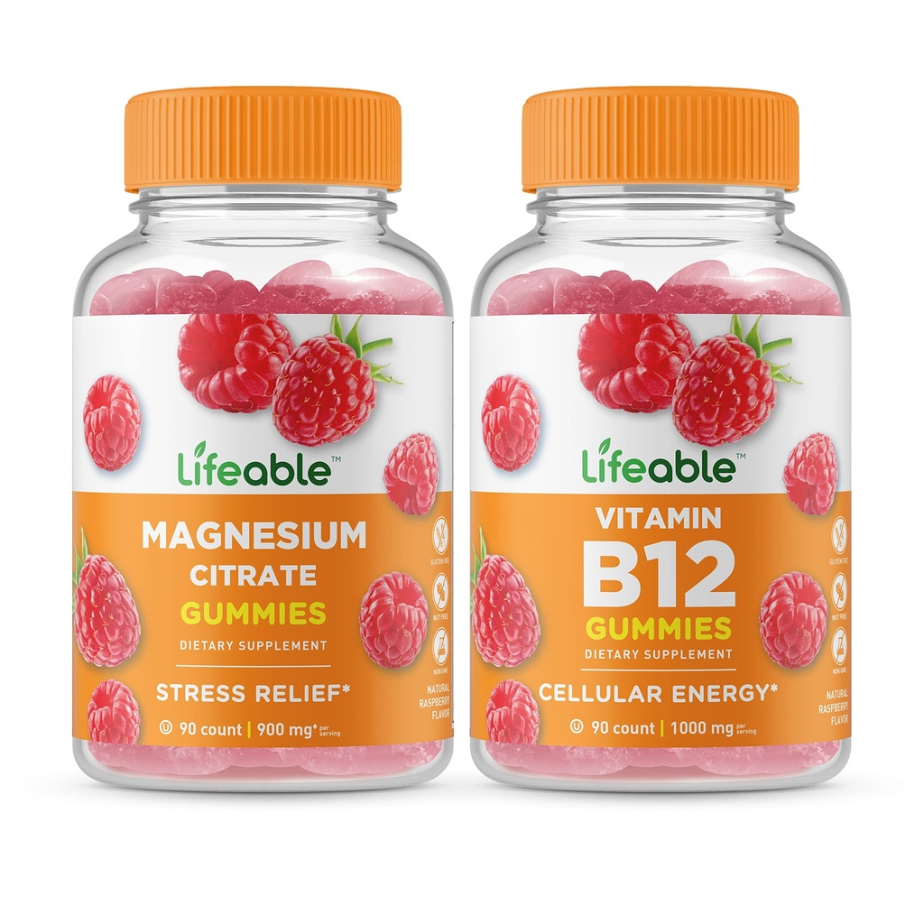 Elujõuline magneesium + B12-vitamiin, Gummies Bundle - suurepärane maitse, vitamiinilisand, Gluteenivaba, GMO-vaba, närimiskumm