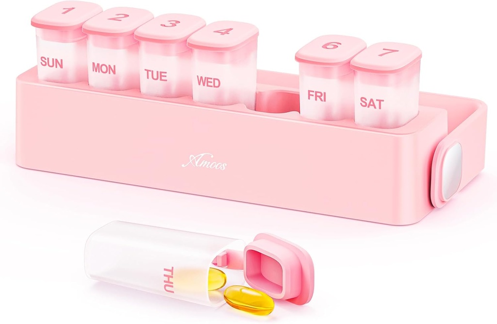 Iganädalane pillide korraldaja koos lukustusmehhanismiga, Travel Damp-Proof Pill Box Juhtum 7 päeva vitamiinide, kalaõlide, toidulisandite hoidmiseks, läbipaistev sisemine ravimikorraldaja tasku, rahakott, BPA-vaba