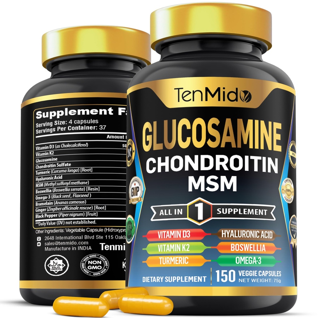 Glükoosamiin Kondroitiin MSM-i täiendus - 12in1 valem - kombinatsioon kurkumi, hüaluroonhappe, boswellia, Omega-3, bromelaini, ingveri ja muuga - ühine tervisetoetus - 150 kapslit