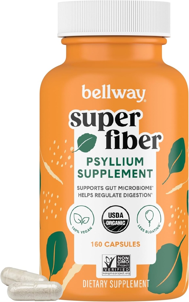 Bellway Super Fiber Kapslid - USDA Orgaaniline Psyllium Husk Kapslid - Daily Psyllium Husk Fiber Supplement for Seedetrakti Tervis ja korrapärasus - Taimepõhine, Non-GMO, Kosher - 160 kapslit