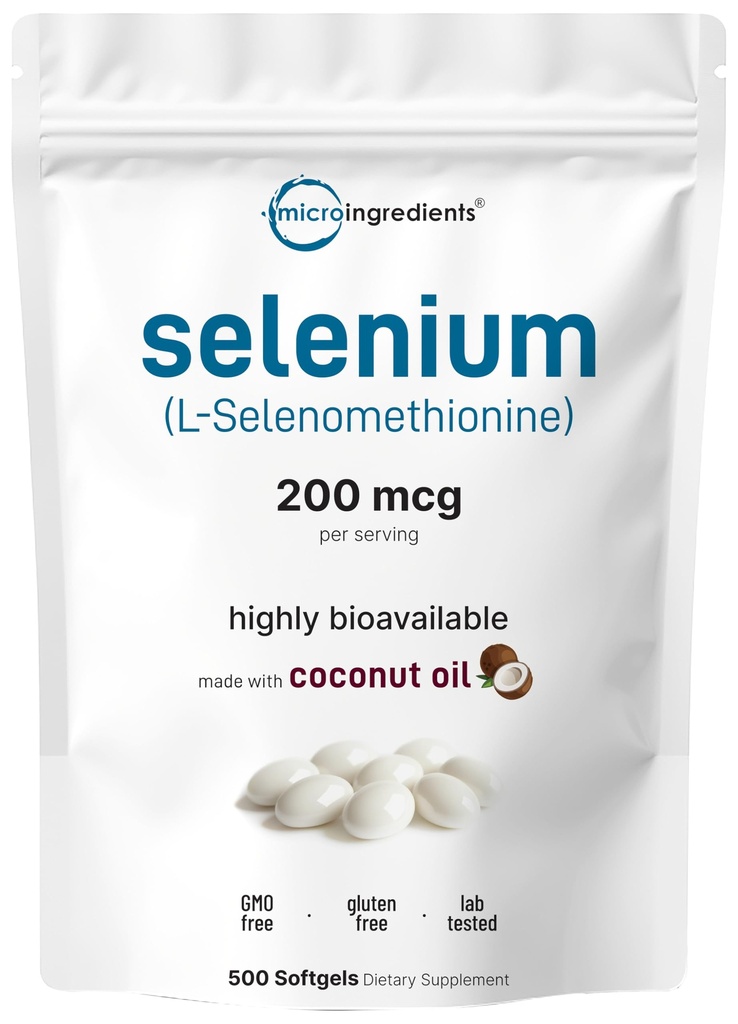 Mikrokoostisosad Seleenilisandid naistele ja meestele 200mcg, 500 softgeeli kookosõliga | Selenometioniinina oluline jälje mineraal | Energia-, südame- ja immuunsüsteemi tugi