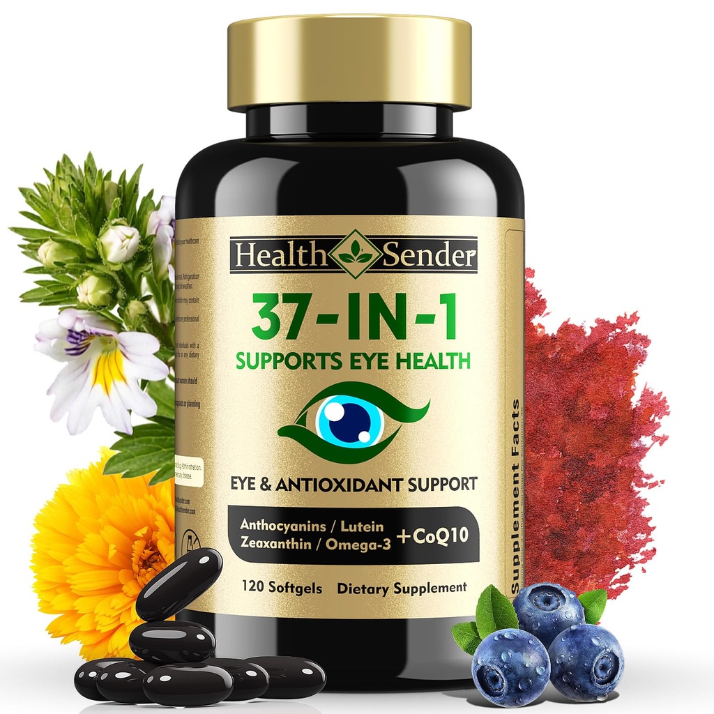 37 in 1 silma vitamiinid luteiini ja tseaksantiini lisandiga - CoQ10 silmalisa, Omega-3, mineraalid silmade tervise tugi täiskasvanutele ja vanuritele, igapäevane nägemise lisand, 120 musta softgelit