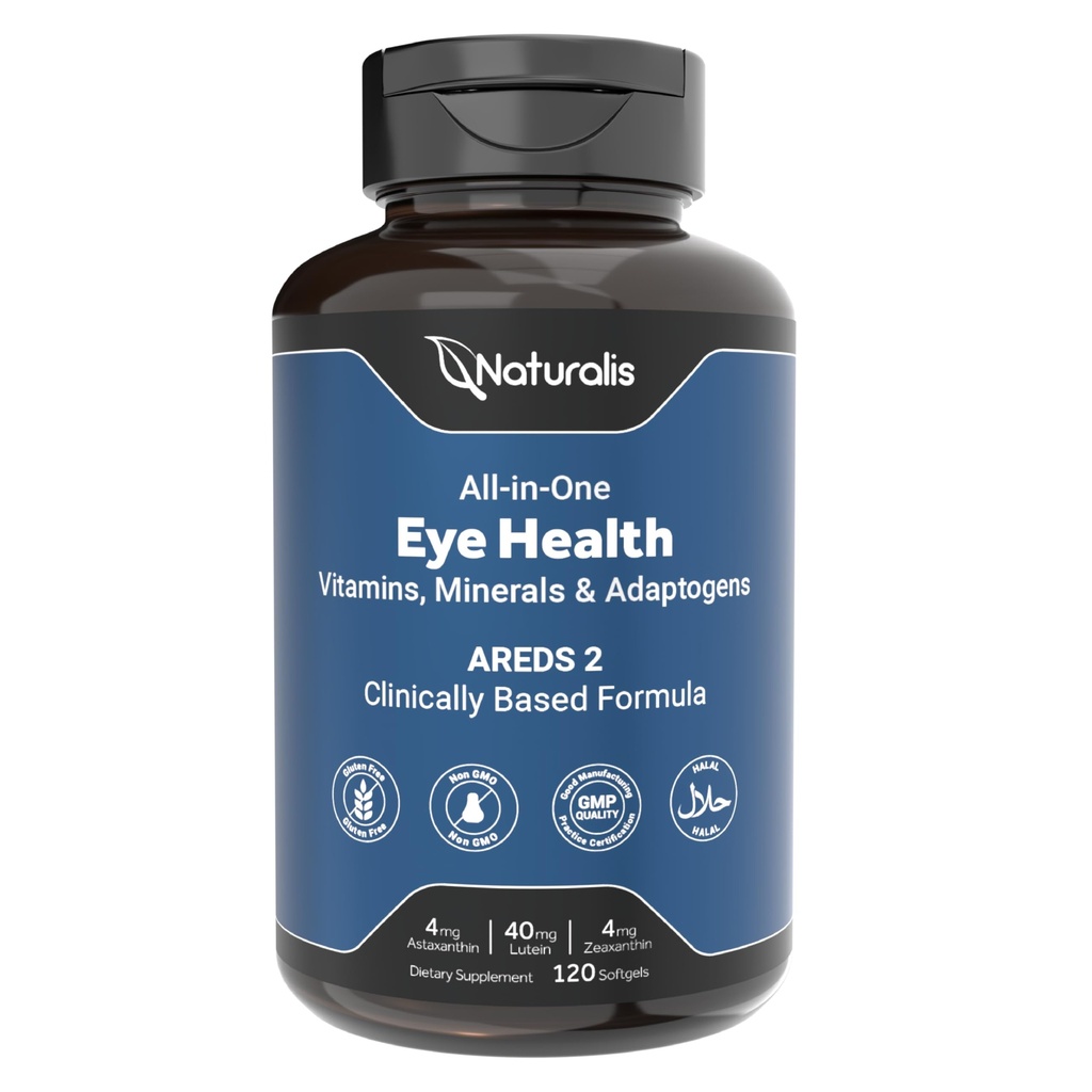 Naturalis Areds2 kliiniliselt põhinev silmalisand | Luteiin, Zeaksantiin, astaksantiin, mustikas, Jõhvikas ja viinamarjaseemned Adaptogen Blend | 120 Vision Essential Softgels