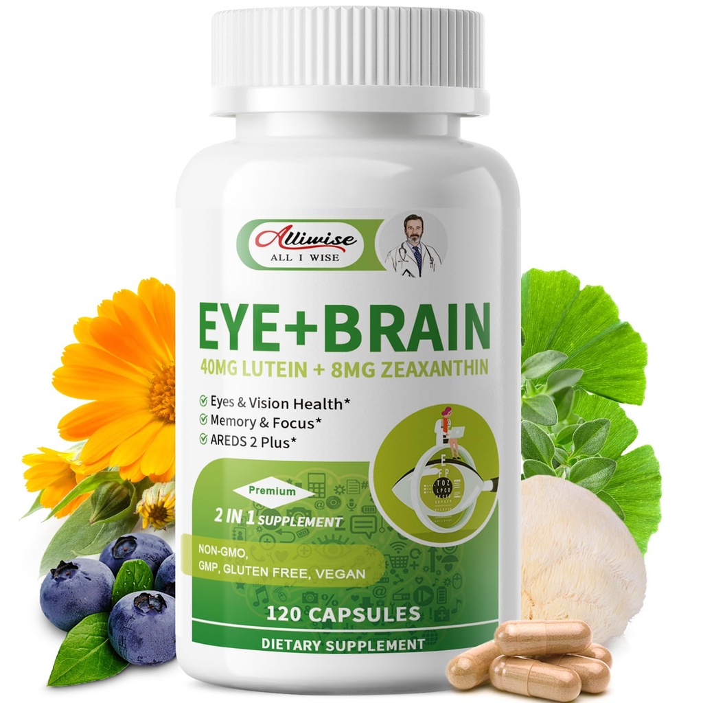 Silma + aju toidulisandid mälu ja fookuse jaoks, luteiin 40mg, Zeaxanthin, Astaksanthin, Bilberry, Lion's Mane, Bacopa Monnieri, Ginkgo Biloba, 14 in 1 silma vitamiinid täiskasvanutele ja eakatele 120 kapslit