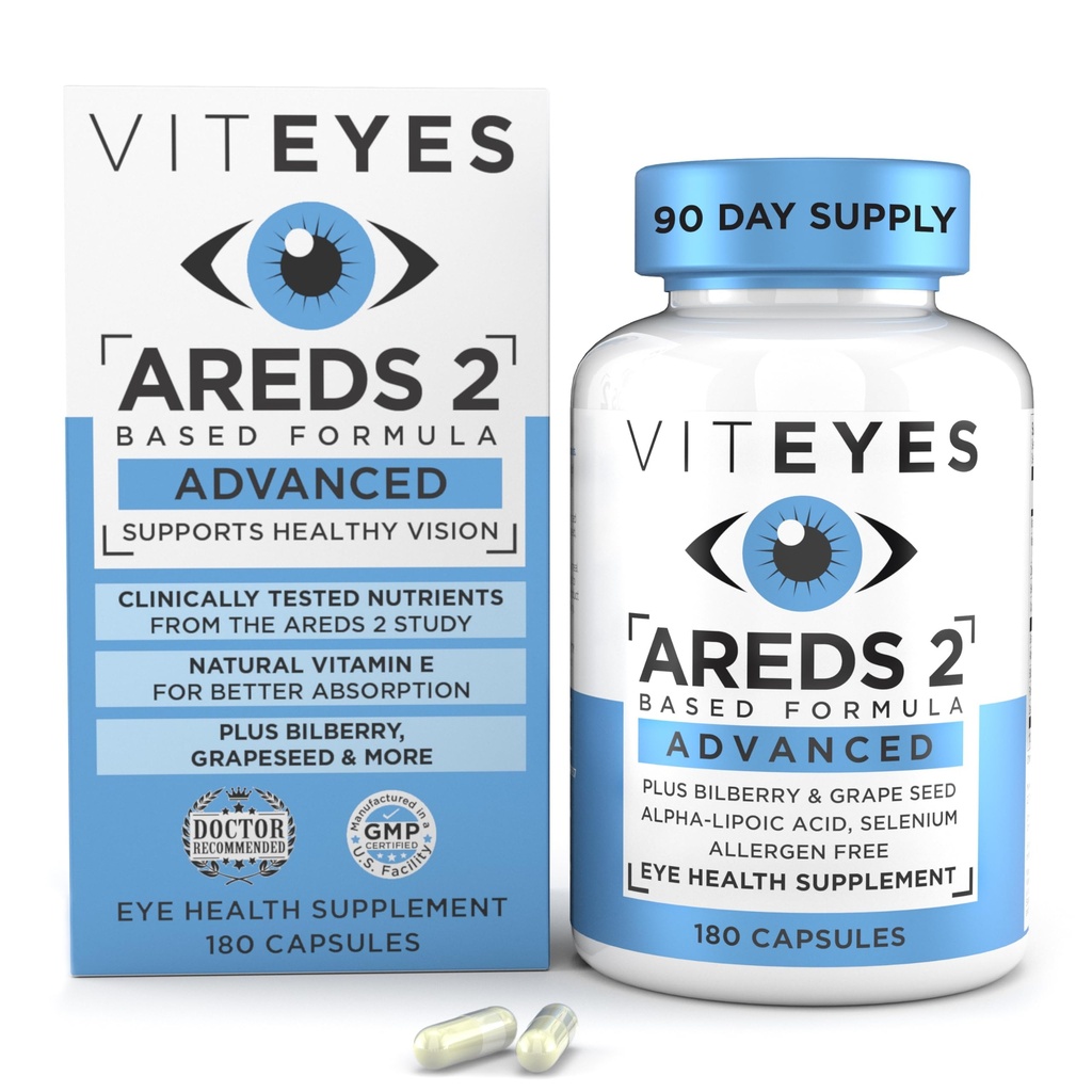 Viteyes AREDS 2 täiustatud silma vitamiinid, makulaarne tugi mustikaga, viinamarjaseemned, FLORAGLO Lutein, Selenium, looduslik E-vitamiin, allergeenivaba, nägemise kaitse, silmaarst usaldatud, 180 krahv