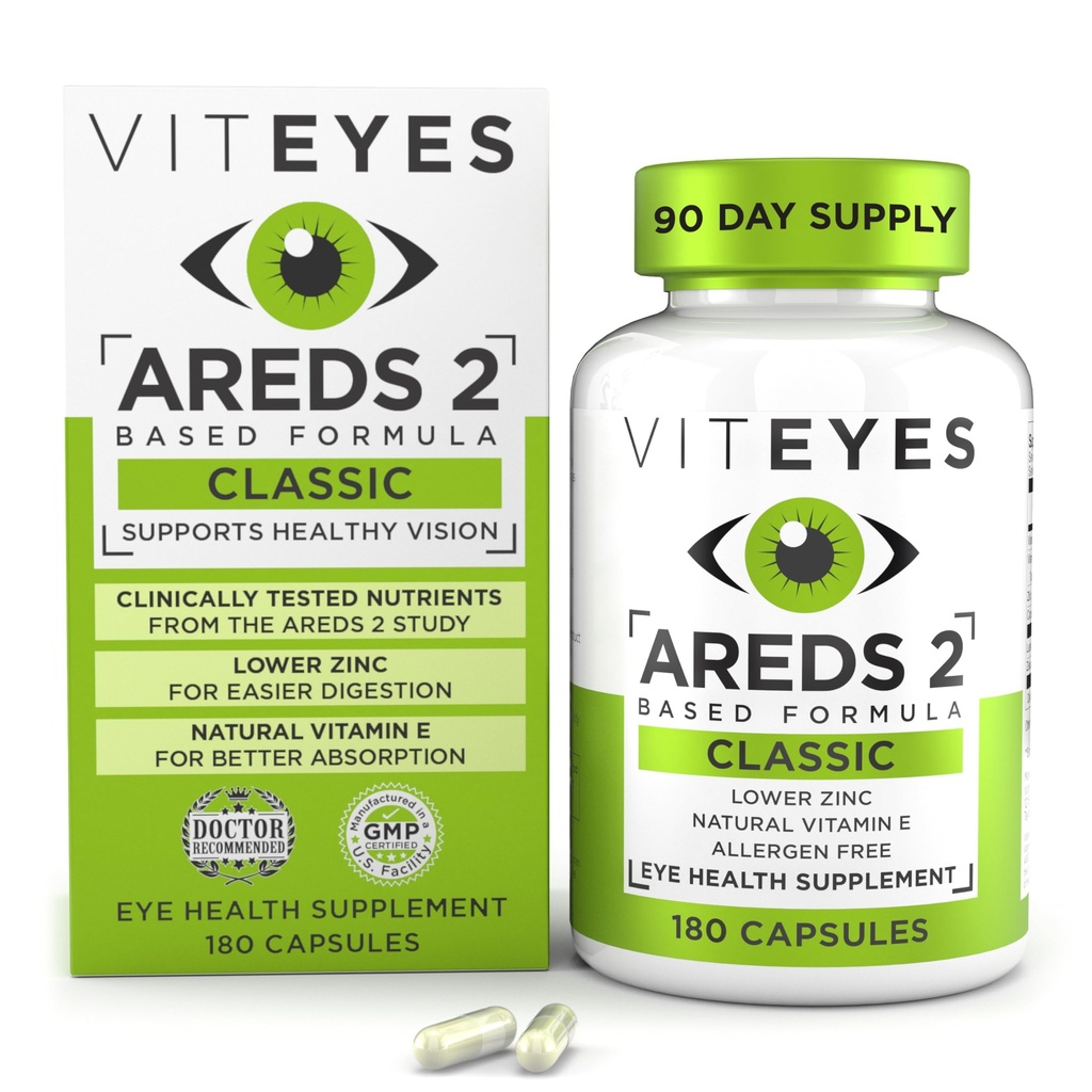 Viteyes AREDS 2 silma vitamiinid, klassikaline makulaarne tugi, allergeenivabad kapslid, loodusliku E-vitamiini, C-vitamiini, tsinki, vaske, luteiini ja Zeaksantiini, silmaarsti usaldatud, toodetud USAs, 180 Ct