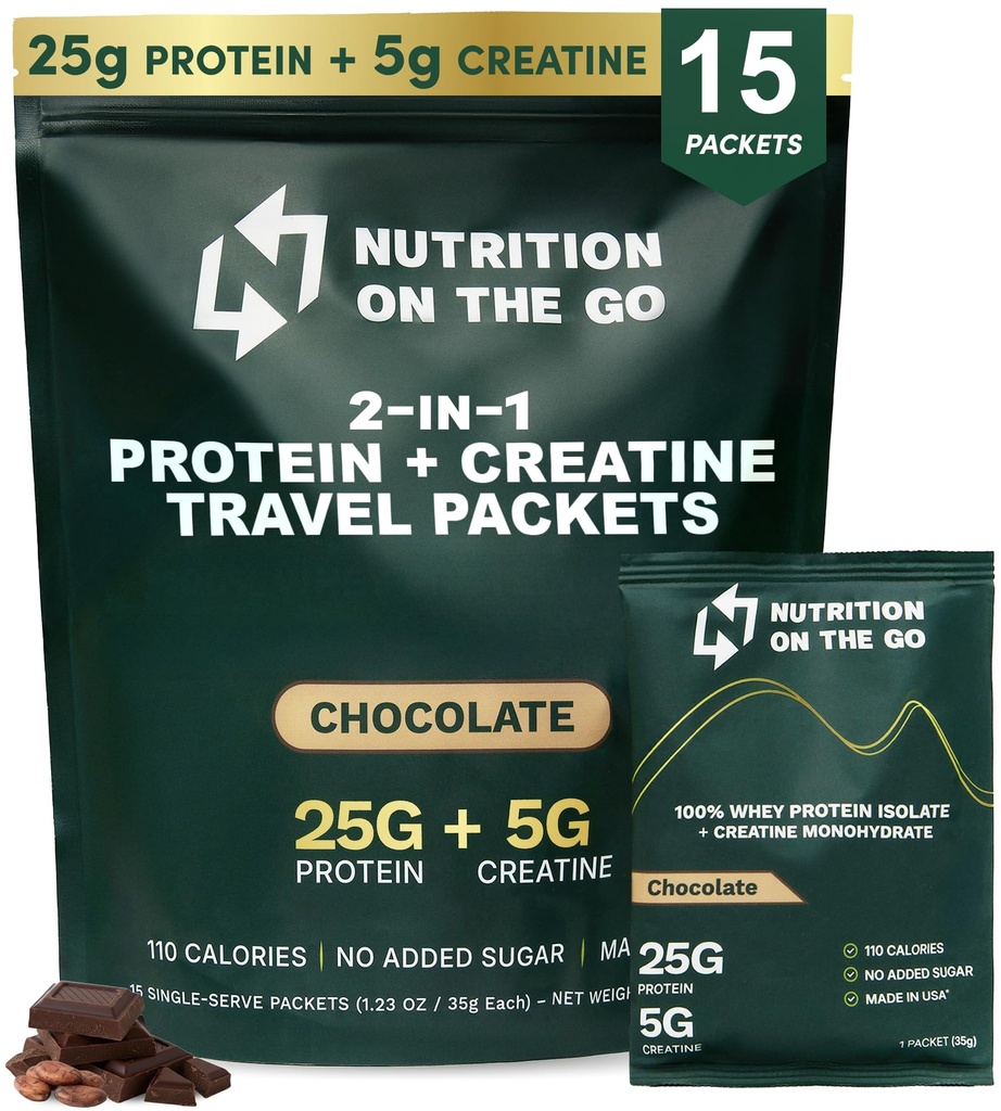 Toitumine Go Whey Protein Isolaatpakendid kreatiiniga - 25 g valku + 5 g kreatiini - ühekordselt teenitud reisivalgu pulber - 5, 9 g BCAA-d, Keto & Low-Carb, Gluteenivaba - šokolaad (15-Pakk)