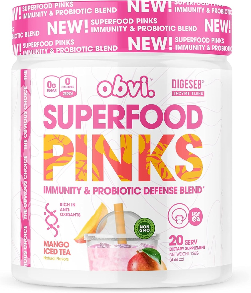 Obvi Superfood Pinks Probiootiline Blend | Antioksüdandid, Adaptogeenid, Seedeensüüm Blend, Immuunsüsteemi tugi, Soolestiku Tervis | Keto, Gluteenivaba, Ei Suhkrut, 10 Miljardit CFU | Mango Jäätee, 20 Servingut