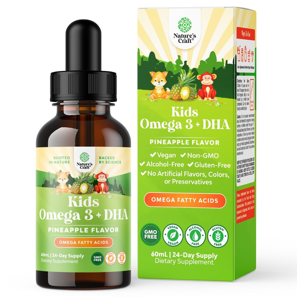 Lapsed DHA Omega 3 tilka - Rasvhapped Omega 3 6 9 ajule, immuunsüsteemi tugevusele ja visioonile - Toitumisalane DHA lastele tervisliku närvisüsteemi ja fookuse tugi - Vedel täiendus EPA & ALA - 2 Fl Oz