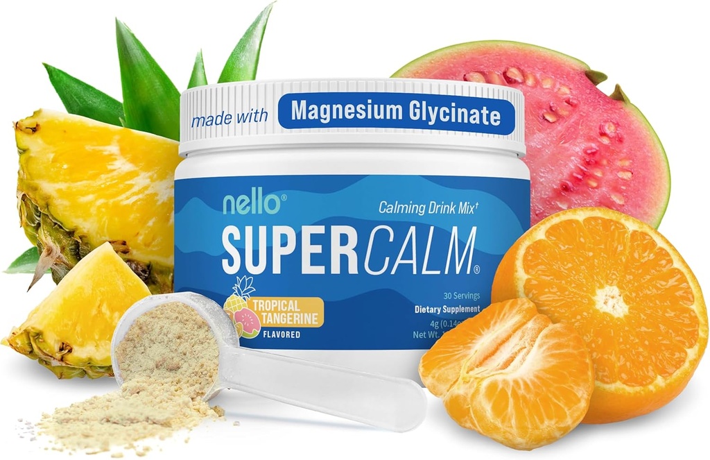 Nello Supercalm Pulbriline joogisegu, troopilise tangeriin, L Theanine, Ksm-66 Ashwagandha, magneesiumglütsinaat, D3-vitamiin, Lõõgastuse ja fookuse toidulisandid, looduslik, suhkruta, mitte GMO, 30 Srvg