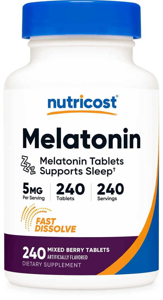 Nutrikost melatoniin 5mg, 240 kiiresti lahustuvad tabletid (segatud marjamaitse) - mitte-GMO, gluteenivaba