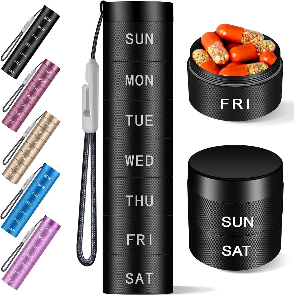 Alumiinium Travel Pill Korraldaja, Nädal Metal Pill Case,Pill Holder, Niiskuse Tõestus Veekindel Daily Pill Box 7 Day, Suur Pill Konteiner hoida vitamiine, ravimeid, toidulisandeid 【Must Knurling】