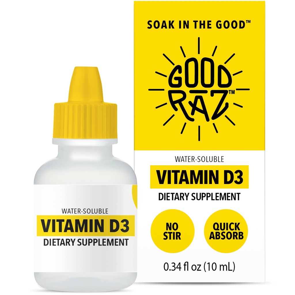 Vitamiin D3 tilgad täiskasvanutele 4-kuuline pakkumine - vees lahustuv vedel D-vitamiin, mitte-GMO, Kosheri lisand - kergesti imenduv, ei sega, maitsetu D3 vedelik toiduks või joogiks