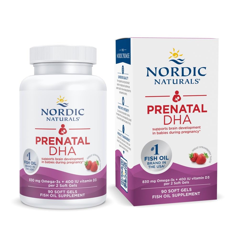 Nordic Naturals Prenatal DHA, Maasikas - 90 Soft Gels - 830 mg Omega-3 + 400 IU D3-vitamiini - Non-GMO - 45 Servings