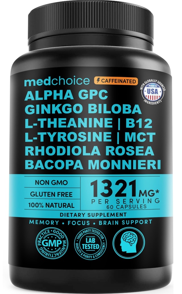 12-in-1 nootroopne aju täiendus veevaba kofeiiniga: Ginkgo Biloba aju toetamiseks, mäluks ja fookuseks - B12, Alpha GPC, L Theanine ja koliin Toidulisandid bioperiiniga 1321mg (60ct)