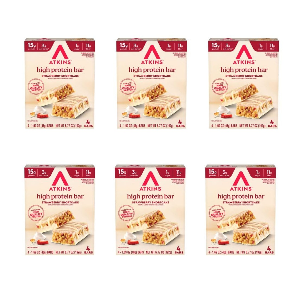 Atkins Strawberry Shortcake Maitse kõrge valgubatoon, 15 g valku, 1g suhkrut, 3g Net Carb, kõrge kiudainega suupisted, Keto sõbralikud valgubatoonid, 4 loend (pakk 6)
