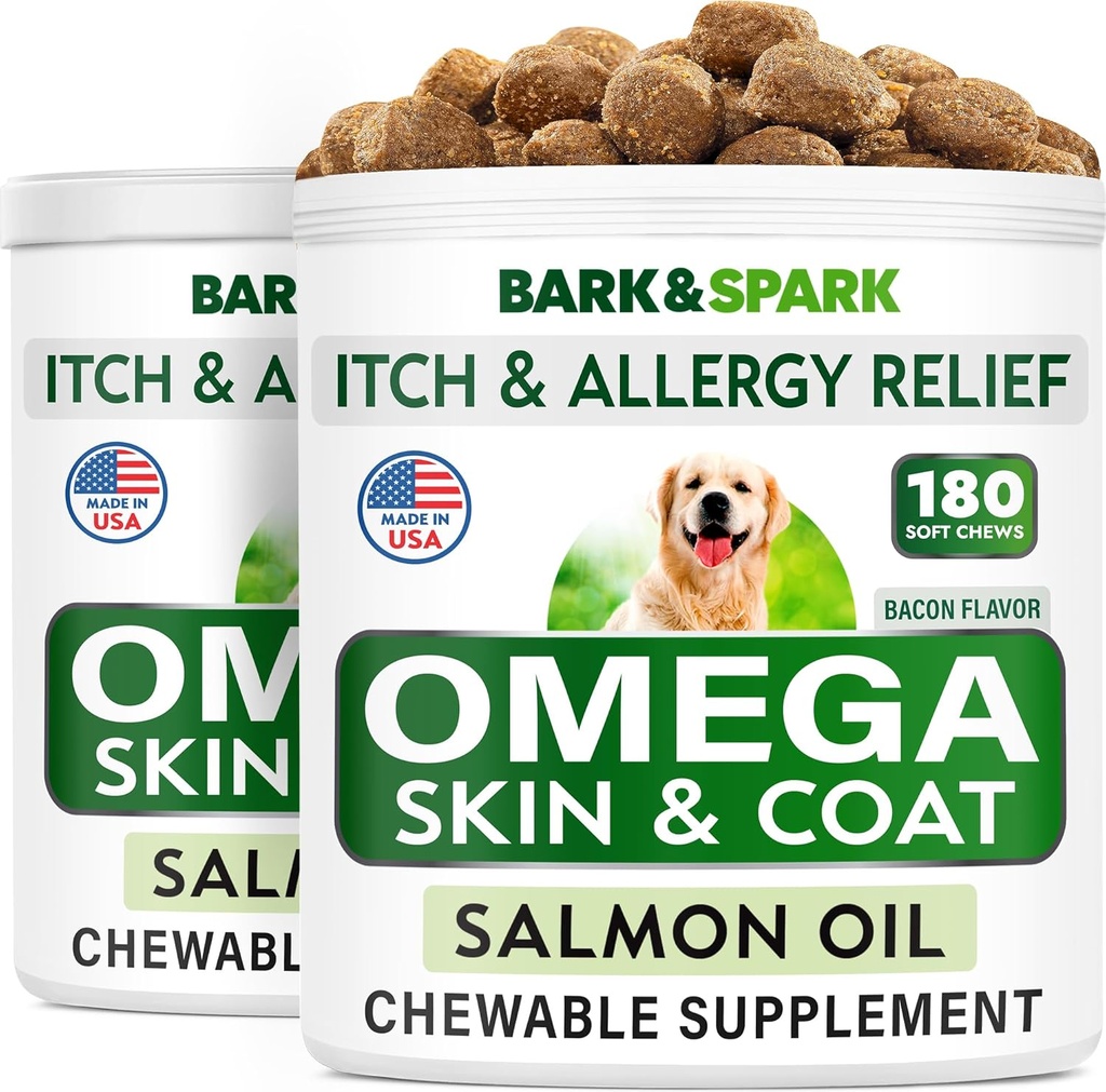 BARK & SPARK Omega 3 koertele - 360 kalaõli ravib koerte langemist, nahaallergiat, sütiku leevendust, kuumade kohtade ravi - liigeste tervis - naha- ja karvalisand - EPA & DHA rasvhapped - lõheõli - peekon