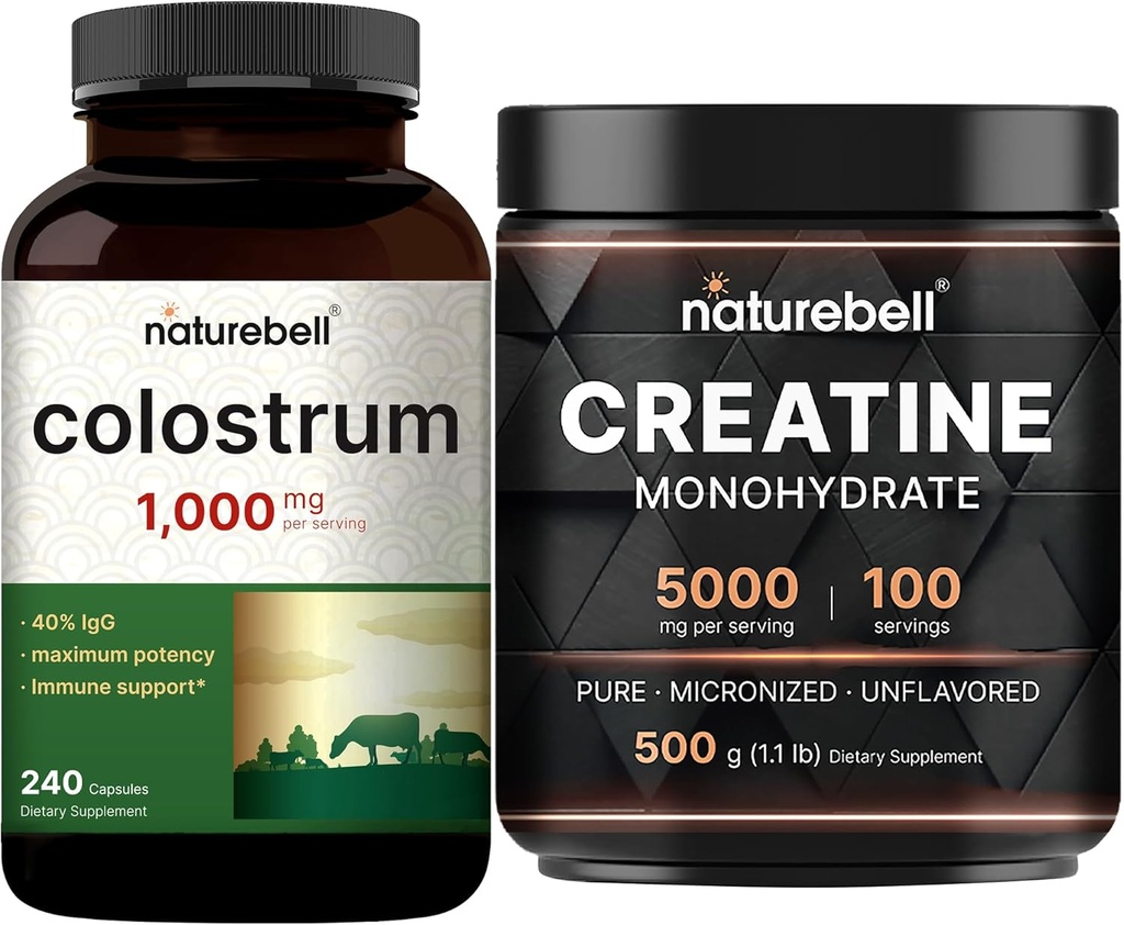 NatureBell Kreatiin Monohüdraat Pulber & Colostrum 240 kapslit 1000 mg ühe portsjoni pakendi kohta | Suur imendumine Mikroniseeritud kreatin | Ema esimene piim rohusöödast Veisest
