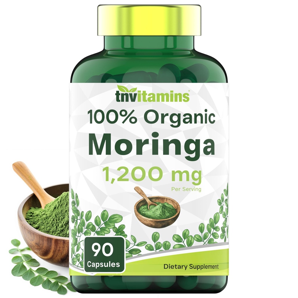 tnvitamins Organic Moringa Powder Capsules: 1,200 mg per Serving, 90 Count | Superfood Supplement for Energy & Vitality* | Organic Moringa Leaf – Non-GMO, Gluten-Free, Made in The USA