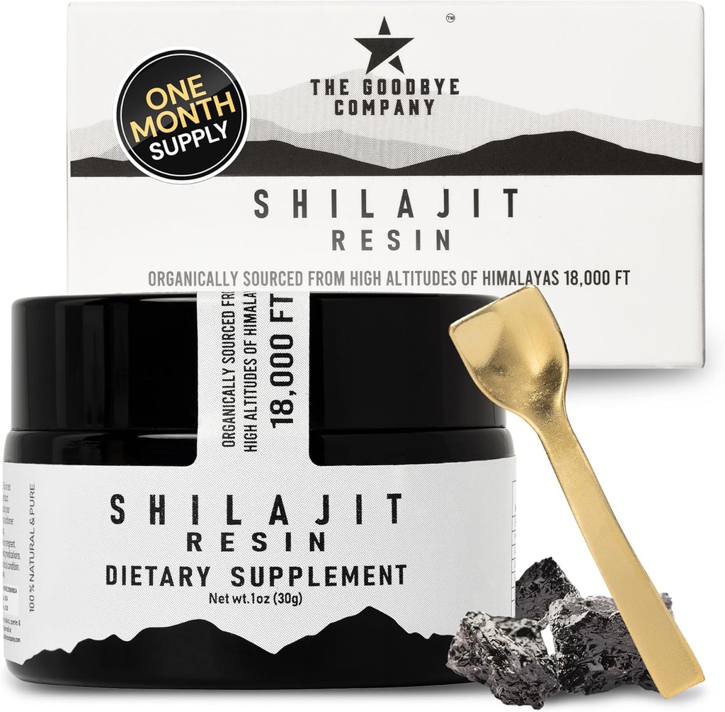 The Goodbye Company Pure Shilajit vaik – orgaaniline 85+ jälgiga mineraalidega ja puhta fulvihappega; meestele ja naistele energia suurendamine, lihaste ehitamine, vastupidavus, Vitality Supplement 3-kuuline pakkumine