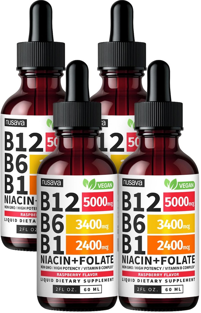 (4 Pack) Vitamiin B12 ja B6 Vedelad tilgad, B12 keelealune B-vitamiini kompleks - B12 Vitamiin 5000mcg - B12 Metüülkobalamiin energia, aju ja südame toetamiseks 27 200 mcg, Vaarika, 80 Servings