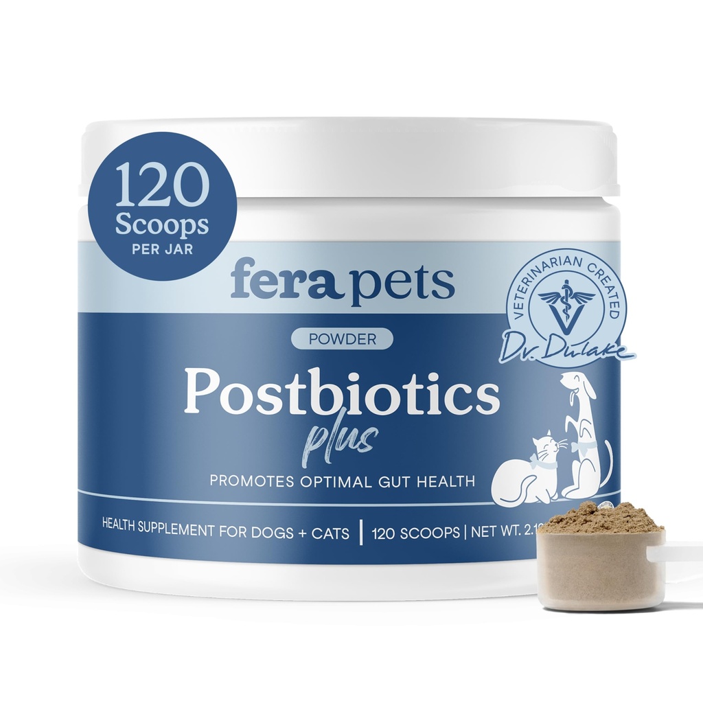 Fera Pets Postbiootikumid Plus Prebiootikumid koertele ja kassidele - koos libeda Elmiga - edendab optimaalset seedetrakti tervist ja põletikulist vastust - suurendab immuunsust - 120 Scoops