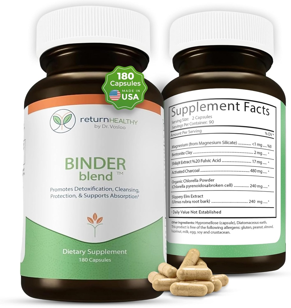 Binder Blend - Toksiini sideaine täiendus, Detox kapslid tervislikule soolestikule - 180 kapslit - 90 serveerimist - 960mg aktiveeritud süsi & 480mg orgaaniline klorella - pulbitsemisabi - Bentoniit savi