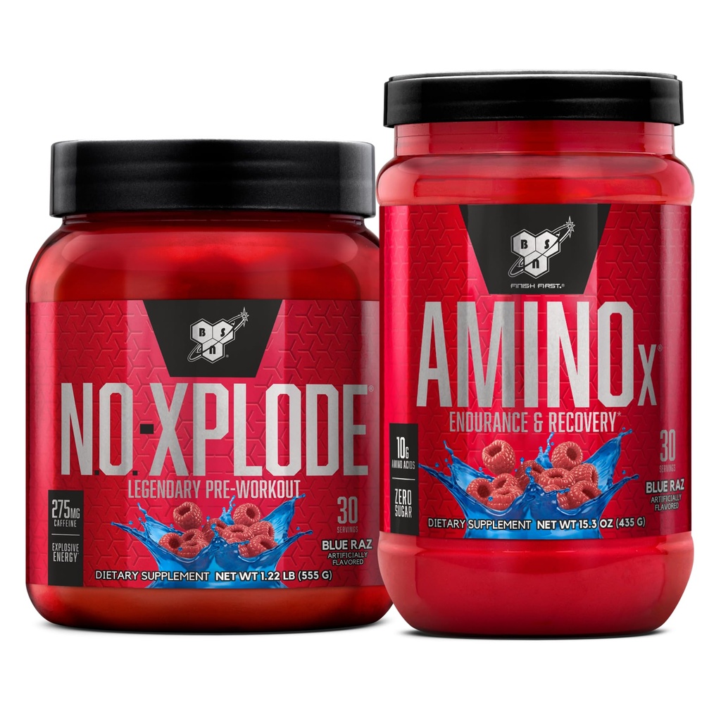 BSN Treening Bundle NO XPLODE Pre Workout Powder Blue Raz, 30 Servings AMINO X Lihaste taastamise Intra Treening Support, Kofeiinivaba Blue Raz, 30 Servings