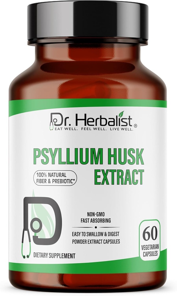 Dr HERBALIST Psyllium Husk Extract 1000mg per Serving (Plantago Ovata Fiber Supplement) – 60 Veg kapslid – Kiire imendumine, õrn kõhus, toetab seedimist ja igapäevast kiudaineid.