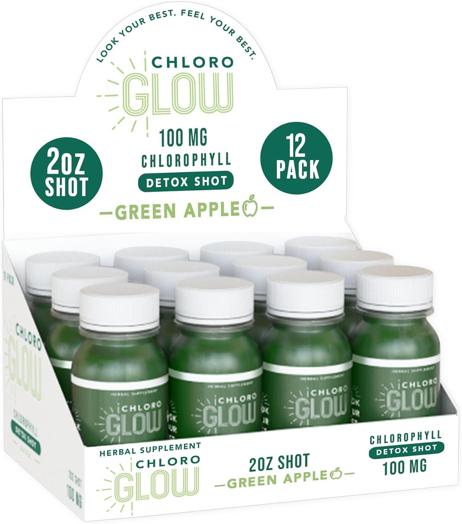 Chloroglow Chlorophyll Shots - Orgaaniline taimepõhine roheline õunajook immuunsuse toetamiseks ja keha puhastamiseks - looduslik täiendus (12 pakett)