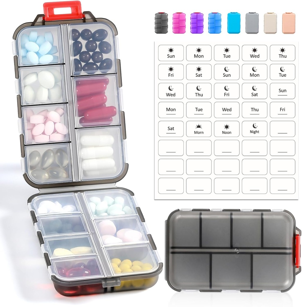14 GRIDS Travel Pill Organizer Box koos etikettidega - Travel Medicine Case Kit - Pocket Daily Pharmacy Container - Travel Medic Holder for Fish Oil Vitamin Supplement Storage - Clear Hall