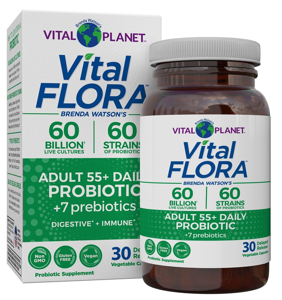 Vital Planet - Vital Flora Täiskasvanud Üle 50 Päevase Probiootikumi 60 Miljardi CFU, 60 Mitmekülgset Tüve, 7 Orgaanilist Prebiootikumi, Immuno Toetus, Gaas, Seedetrakti Probiootikumid Naistele ja Meestele, 30 Kapslit