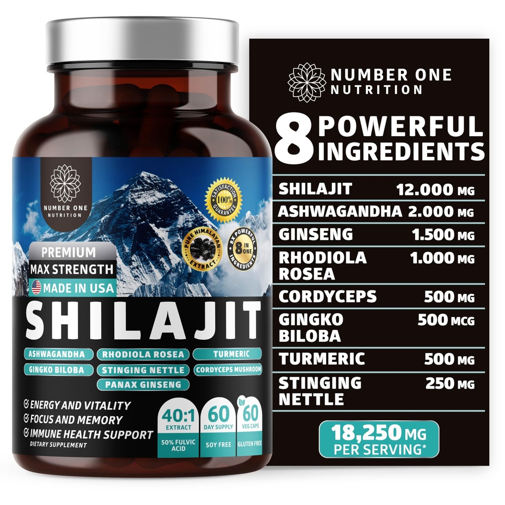Puhas Himalayan Shilajit naistele ja meestele [50% Fulvic Acid] parem kui vaik koos ashwagandha, ženšenni, kurkum, Gingko Biloba, nõel, korditseps, et toetada energiat ja immuunsust, 60Caps