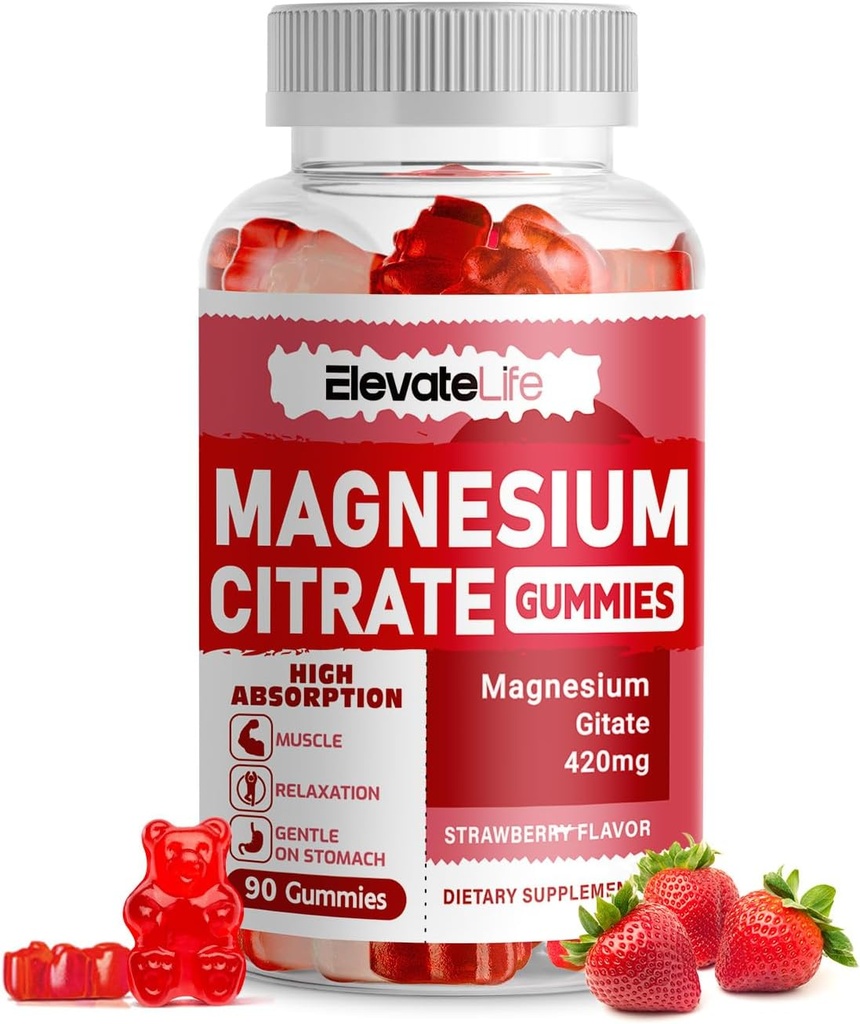 Magneesiumglütsinaatkummid 1000mg - suhkruvaba magneesiumi kaaliumi lisand D-vitamiiniga, B6, CoQ10 rahuliku meeleolu ja une toetamiseks - 60 maasikakummid