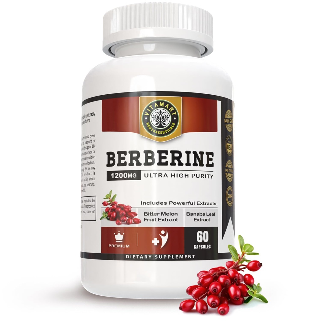 Berberine HCL 1200mg Premium, Ultra High Purity, Pure 60 Kapslid - Berberine Supplement, toetab immuunsüsteemi, Berberine Plus täiustatud Bitter Melon Fruit & Banaba Leaf Extract