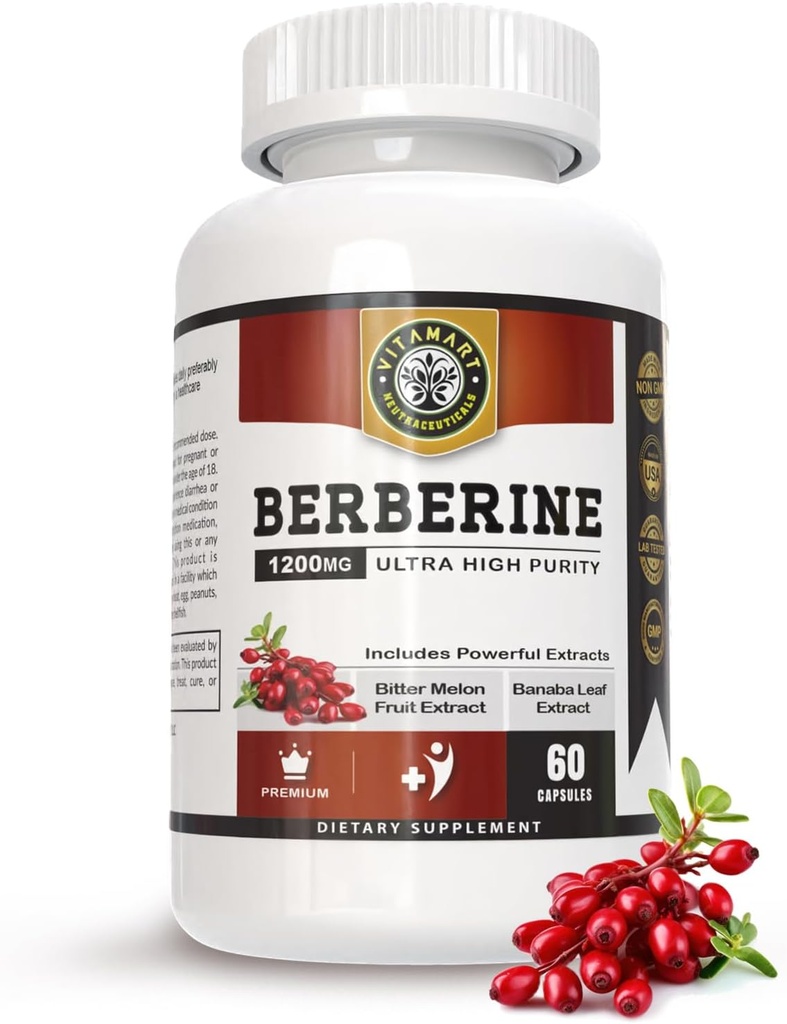 Berberine HCL 1200mg Premium, Ultra High Purity, Pure 60 Kapslid - Berberine Supplement, toetab immuunsüsteemi, Berberine Plus täiustatud Bitter Melon Fruit & Banaba Leaf Extract