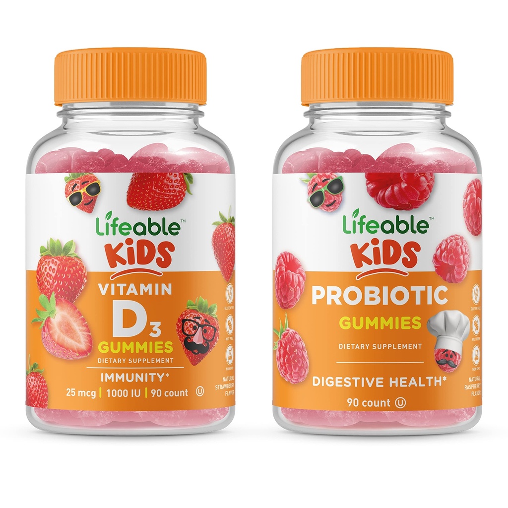 Elujõuline probiootikum 2 miljardit CFU Lapsed + D-vitamiini lapsed, Gummies Bundle - suurepärane maitse, vitamiinilisand, Gluteenivaba, GMO-vaba, närimiskumm