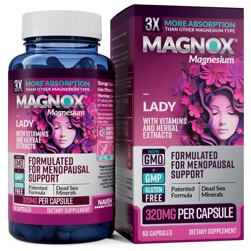 MAGNOX Lady Magneesium Supplement | Menopaus ja PMS Support Supplement for Women | Magneesium Kompleks vitamiinidega B6, B1, B12, D, Tsink | Kõrge imendumisega Surnumere orgaaniline magneesium | 60 kapslit